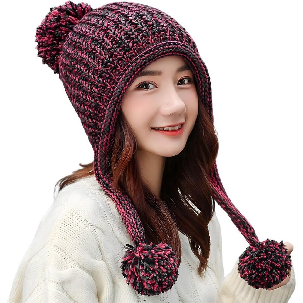 Women Rose Red Winter Peruvian Cover Ears Beanie Hat Ear Flaps Sherpa Ski Snow